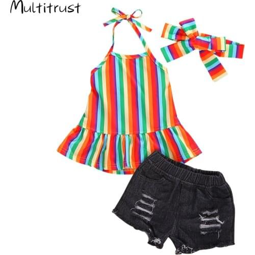 Summer Infant Baby Girls Clothes Sets Rainbow Striped Print Ruffles Sleeveless Vest+Denim Shorts Girls Casual Outfits 0-5Y