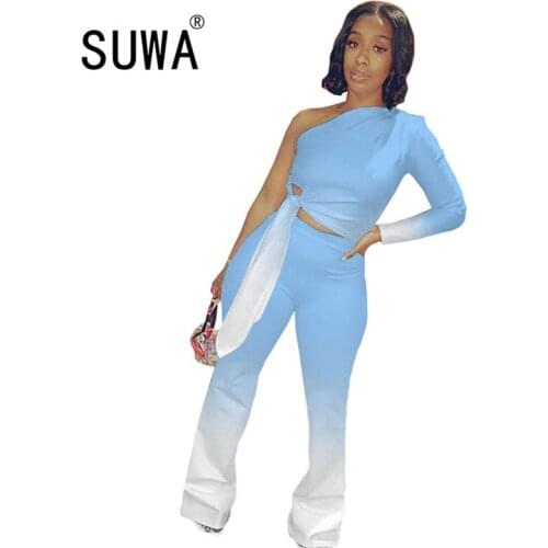 Hot Recommend Style Trendy Chic Party Women Two Piece Outfits One Shoulder Long Sleeve Slim Top Tunic Harem Pants Suit