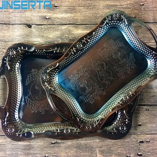JINSERTA Metal Serving Tray Jewelry Display Plate with Handle Gold Dessert Fruit Cake Tray Home Party Wedding Decor Organizer