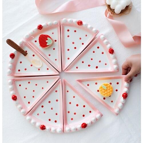 Cute Strawberry Cake Slices Shape Porcelain Plate Ceramic Dessert Fruit Dish Bandeja Postres Girl Tea Party Table Place Setting