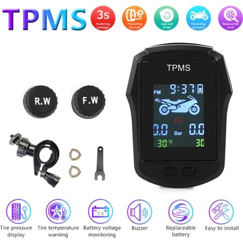 Motorcycle TPMS LCD Digital Tire Pressure Monitor System with Battery Voltage Monitor Time Display Tire Temp Warning