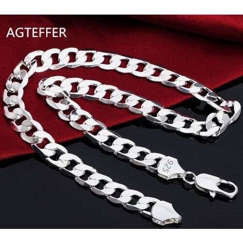 AGTEFFER New 925 Sterling Silver Flat Side Necklace 18/20/22/24/26/28/30 12mm For Women Man Fashion Wedding Charm Jewelry Gifts
