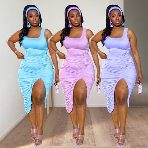 Solid Color Pleated Bodycon Dress Woman Sleeveless Square Collar Drawstring Lace Up Pleated High Split Casual Vestidos Plus Size