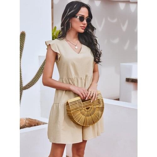 Summer Dress Women A-Line Dresses Ruffles V-Neck Sleevelss Loose Mini Dress For Womens Clothing 2021 Khaki Vestidos Femme Robes