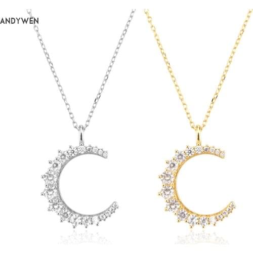 ANDYWEN 925 Sterling Silver Gold Zircon CZ Moon Pendant Big Pendant Long Chain Clear Women Luxury Jewelry Fine Jewelry