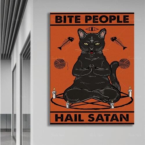 Bite People Hail Satan Poster, Black Cat Satan Poster, Cat Do Yoga Wall Decor, Gothic Cat Yoga Art Print, Cat Lover Gift