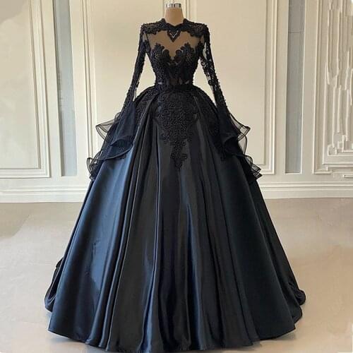 Luxury Black Pearls Beads Lace Long Prom Dresses 2021 Sexy Illusion Tulle Long Sleeve Ball Gown Evening Prom Gowns Party Dresses
