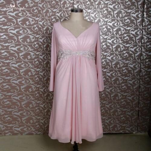 RSE688 Pink Short Chiffon Tea Length Mother Of The Bride Dresses Plus Size With Long Sleeves