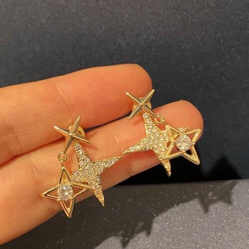 Gold Color Star Earring For Women Summer New Simplicity Four Pointed AAA Cubic Zircon Jewelry Wedding Party Friends Gift