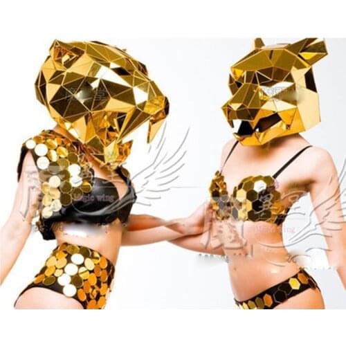 Cosplay Gold Mirror costume hat Luxury Party Bar Nightclub Future Technology Female Animal Mask Singer dj Dance Team Stage wear