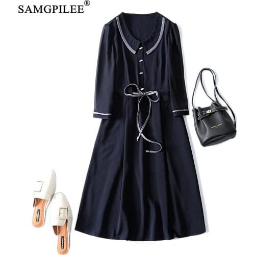 Women Clothing 2021 New Office Lady A-line Solid Three Quarter Sleeve Sashes Knee-length Lotus Leaf Collar Womens Autumn Dress