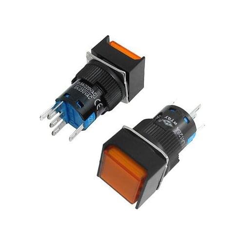 AC 220V Orange Light Square Cap Self-locking NO NC 16mm Push Button Switch