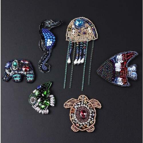 Handmade Nail Bead Marine Animal Cloth Patches Crystal Bead Sew Badge Turtle Seahorse Jellyfish Clothing Shoes Hat Accessories