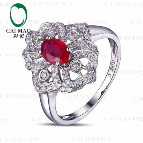 CaiMao 18KT/750 White Gold 0.71 ct Natural Red Blood Ruby & 0.26 ct Full Cut Diamond Engagement Gemstone Ring Jewelry