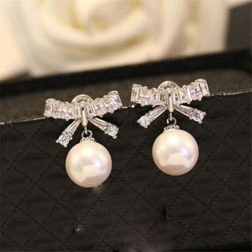 Designer pearl pave pearl stud earrings with bow 925 sterling silver for women wedding party earring jewelry gift