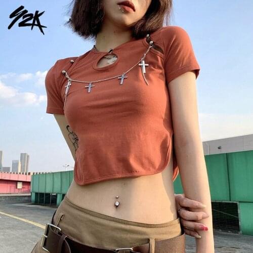 Y2K Halloween Ladies Round Collar T-shirt Solid Color Chain Decoration Short Sleeve Hollow Midriff-baring Tops Slim Base Shirt