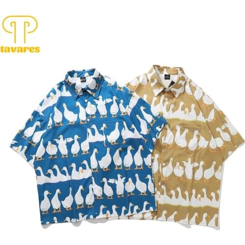 TAVARES White Goose Ducks Casual Shirts Men Summer Short Sleeve Shirt Women Hawaiian Beach Blouses Cute Harajuku Streetwear