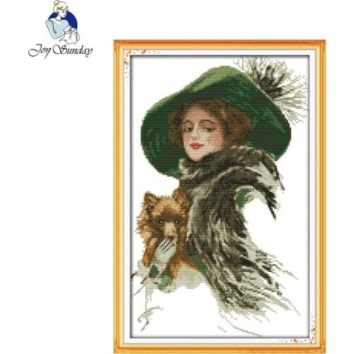 Joy Sunday Lady with A Pet Counted Printed on Fabric 14CT 11CT Cross Stitch Kits Embroidery Needlework Sets Home Decoration