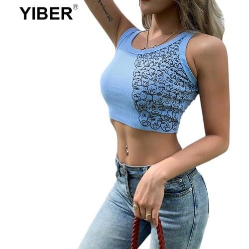 Summer Tank Tops Sexy Crop Tops Vest Fashion Harajuku Female Knitted White Blue Women T-Shirt Printed Women Clothing