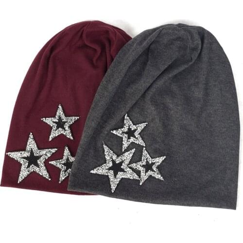 Leopard Diamond Baggy Solid Color Beanies For Women Slouchy Cotton Hats Female Soft Warm Fashion Caps Rhinestones Ladies Bonnets