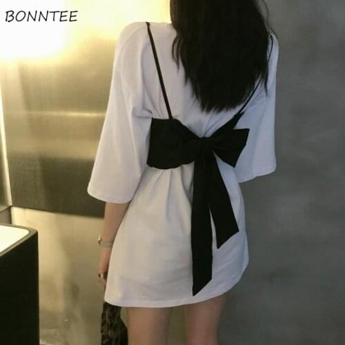 Fashion Dress Sets Women Camis Bow Half Sleeve Simple Mini Solid Sexy Cozy Two Pieces Summer Casual Student Female Street Cool