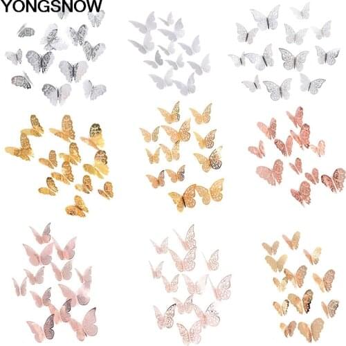 12Pc Beautiful Rose Gold Silver 3D Hollow Butterfly Wall Sticker For Wedding Birthday Party Home Kids Room Decoration Wall Decal