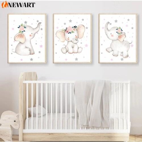 Baby Girl Room Wall Art Decoration Poster Print Flower Elephant Lovely Canvas Painting for Kids Bedroom Nursery Decorative Art