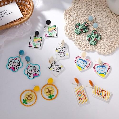2021 New Korean Acrylic Cartoon Cat Dog Animal Dangle Earrings For Women Fashion Jewelry Lovely Boys Girls Cactus Oorbellen