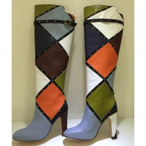 New Mixed Color Leather Grid Patchwork Rivet Studs Straps Knee-high Boots Chunky High Heels Slip On Shoes Women Multi Botas