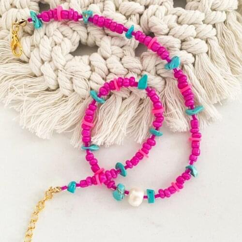 Bohemian Rose Red Rice Beads Blue Stone Mix Necklace For Women Trendy Charm Natural Pearl Pendant Choker жемчуг ожерелье Wholesa