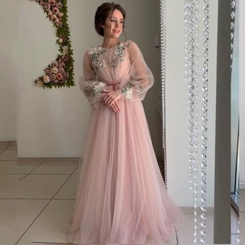 Eightale Arabic Dubai Evening Dresses Pink O-Neck Long Sleeves Prom Gowns Flowers Tulle A-Line Party Dress for Graduation Dress