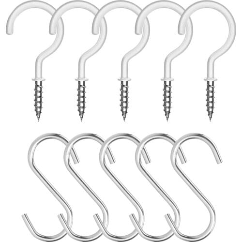 Vinyl Coated Ceiling Hooks Multipurpose Screw Hooks and S Shaped for Hanging Plants, Cups, Utensils, Lights and Stuff