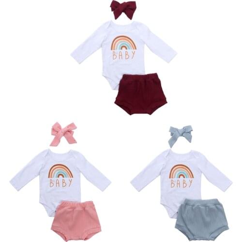 Pudcoco Baby Girls Clothes Rainbow Letter Long Sleeve Romper Ribbed Triangle Shorts Pants Bow Hair Band 3Pcs Outfit Set 0-24M