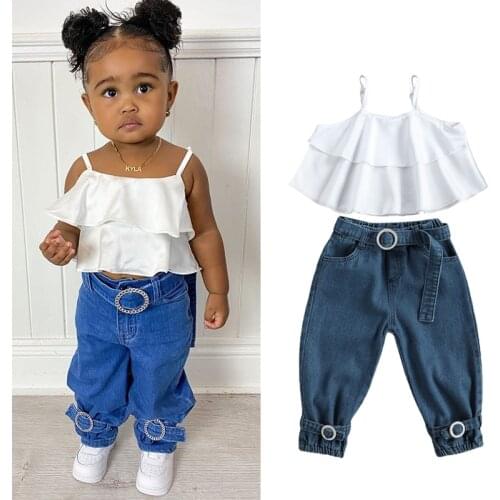 FOCUSNORM 1-6Y Fashion Kids Girls Clothes Sets Ruffles Strapless Vest Tops Blue Denim Pants Include Belt Summer Outfits