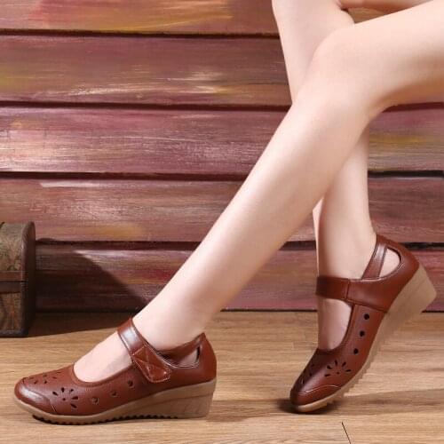 Platform Women Shoes Ladies Pumps Round Toe Hollow Out Slope Heel Shoes Handmade Soft Bottom Casual Women Dance Shoes