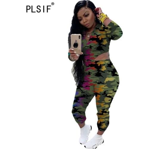 European Fashion Women Set Long Sleeve Camouflage Print Tops And Long Pant Suit Cool 2 Pieces Matching Suit