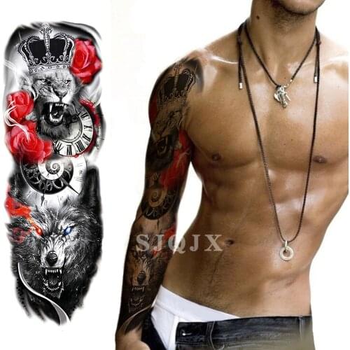 Temporary full-arm tattoo sticker skull flower dragon eye lion animal warrior arm Waterproof fake tattoo 480*170mm for Men Women