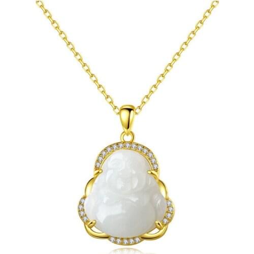 316L Stainless Steel Gold Inlaid Crystal White Jade Necklace Female Titanium Steel cat eye Buddha Auspicious Pendant Necklace
