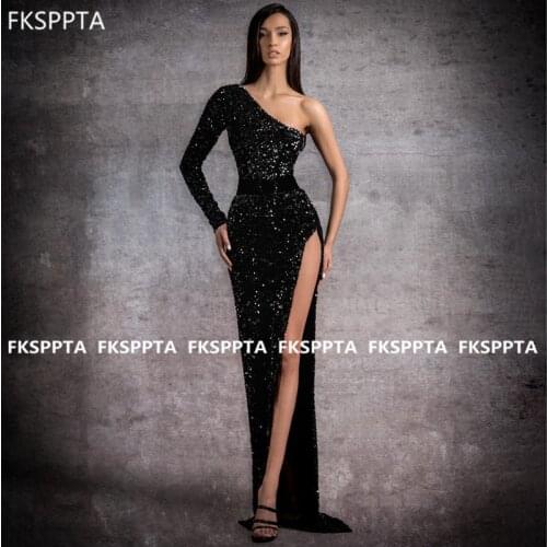 New Black Sparkly One Shoulder Prom Dresses High Slit Long Sleeve Sequin Party Dress Sexy Women Formal Gowns Robe De Soiree