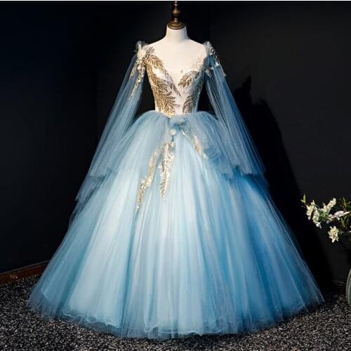 100% real light blue shoulder veil coronation cosplay ball gown medieval dress Renaissance gown queen Victorian Belle Ball gown