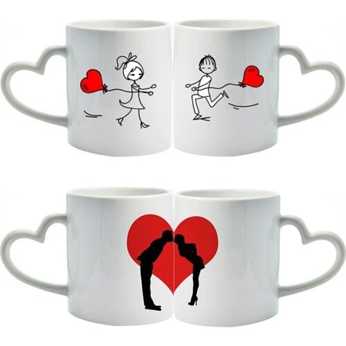 2 PCS Couple Cup Heart Shaped White Ceramic Cup Best Creative Red Valentines Day Wedding Anniversary Gift Coffee Cup
