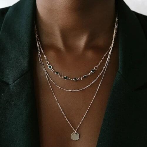 2021 New Multilevel Fashion Green Crystal Chain Necklaces For Women Female Gold Round Gold Circle Pendant Necklace Jewelry Gift