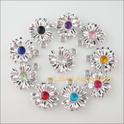 30Pcs Dull Silver Plated Mixed Crystal Flower Daisy Charms Pendants 21x24mm