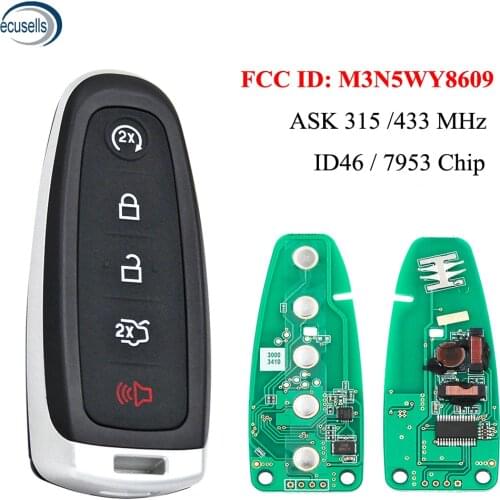 5 Buttons ASK315/433MHz ID46 Chip 7953 Remote Start Smart Prox Key Fob Transmitter for Ford FCC: M3N5WY8609 with H75 Small Key