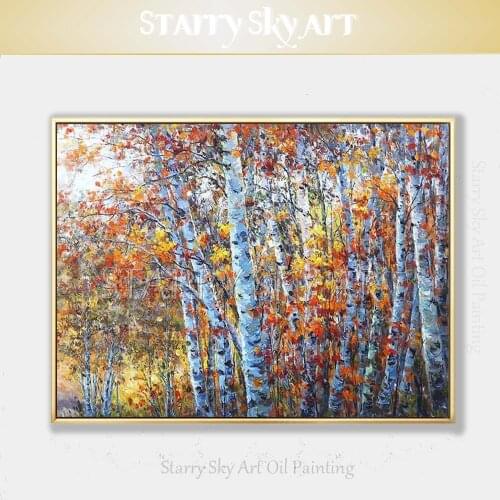 Unframed High Quality Wall Art Birch Tree Oil Painting Hand-painted Knife Painting Thick Oil Paints Forest Birch Oil Painting