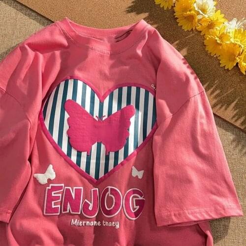 Summer Love Print Short Sleeve T-shirt Women Loose Sweet Kawaii Tops T-shirt O-Neck Female Clothing vintage clothes cotton lime