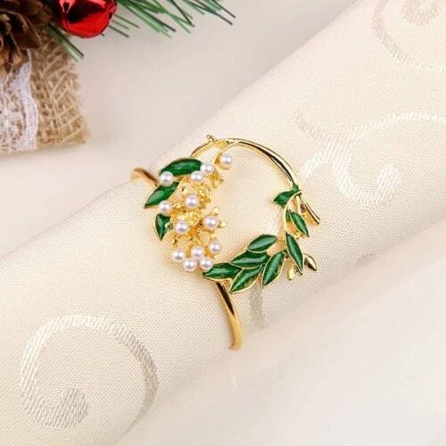 HGHO Napkin Ring Golden Pearl Flower Napkin Rings Set of 10 Metal Napkin Holder for Wedding Party Dinner Table Decoration