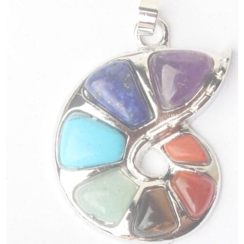 Hot 35X30MM Seven Colors Natural Stone Inlaid Amethysts Lapis Lazuli Carnelian Tiger Eye Aventurine Conch Pendant 1PCS