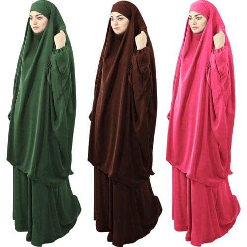 Ramadan 2 Piece Muslim Prayer Garment Sets Women Hijab Abaya Jilbab Maxi Dress Khimar Burqa Islamic Clothing Overhead Arab Robe