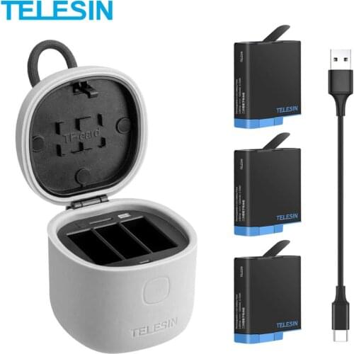 TELESIN 3 PACK Battery with Charger Box + TF Card Reader + type C Charging Cable for GoPro 8 7 6 5 Black Camera Accessories